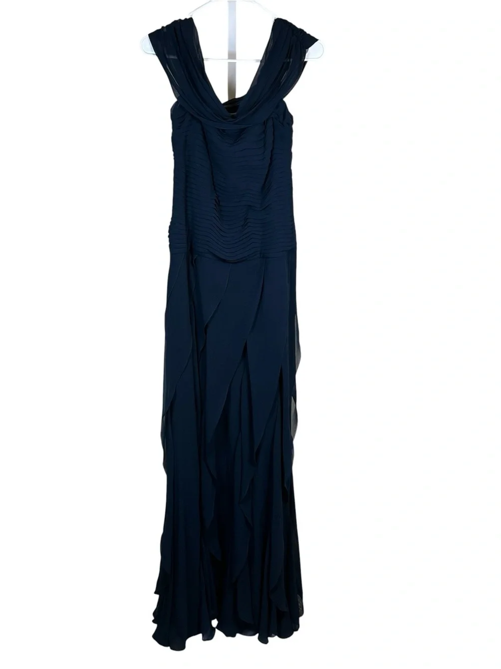 Tadashi Shoji Off-Shoulder Flounce Evening Gown Navy Blue Formal Wedding 8 NWT